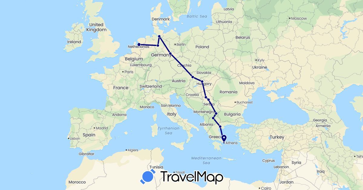 TravelMap itinerary: driving in Germany, Greece, Hungary, Macedonia, Netherlands, Serbia, Slovakia (Europe)